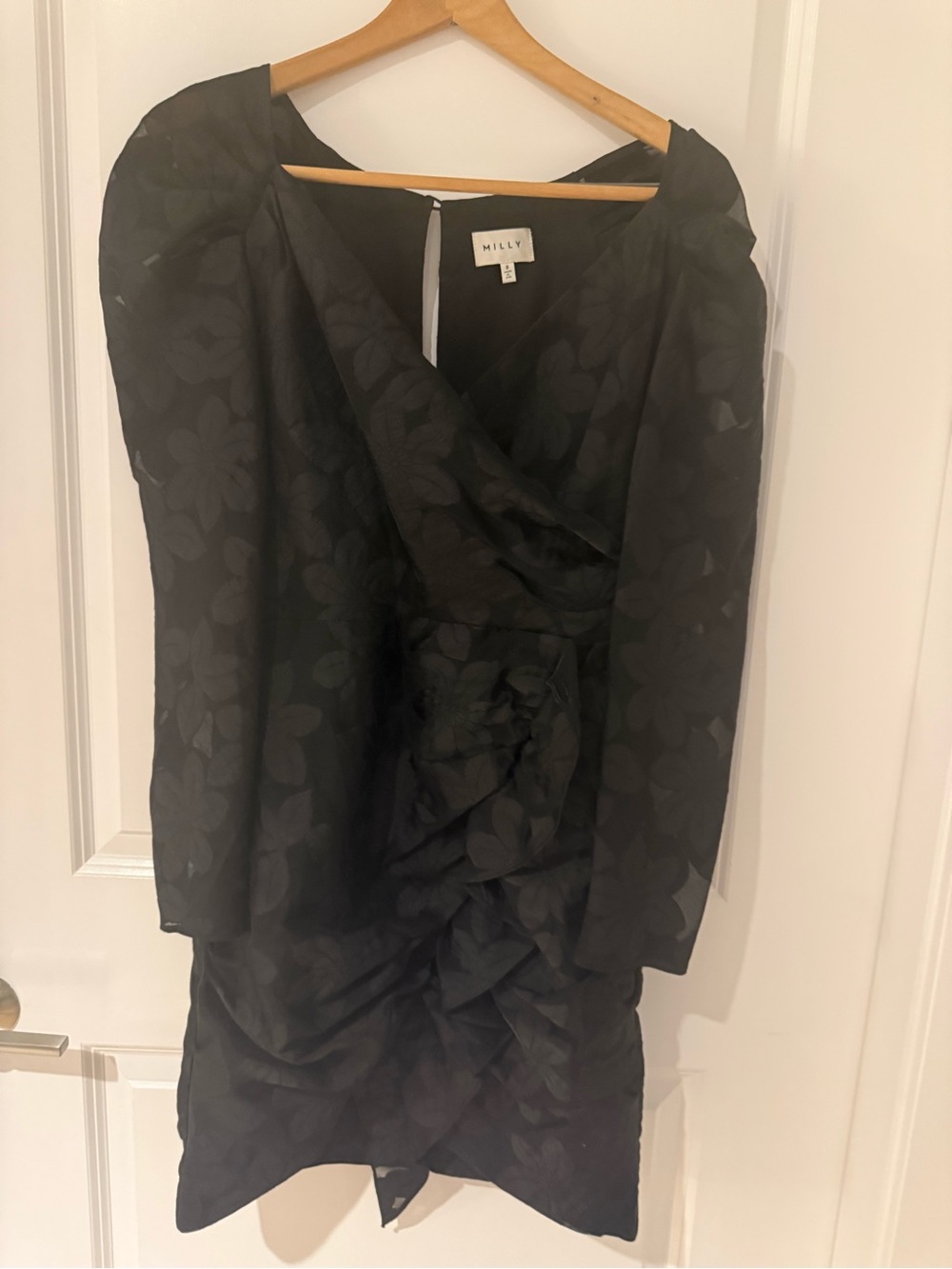 Milly Black Floral Jacquard Long Sleeve Wrap Dress